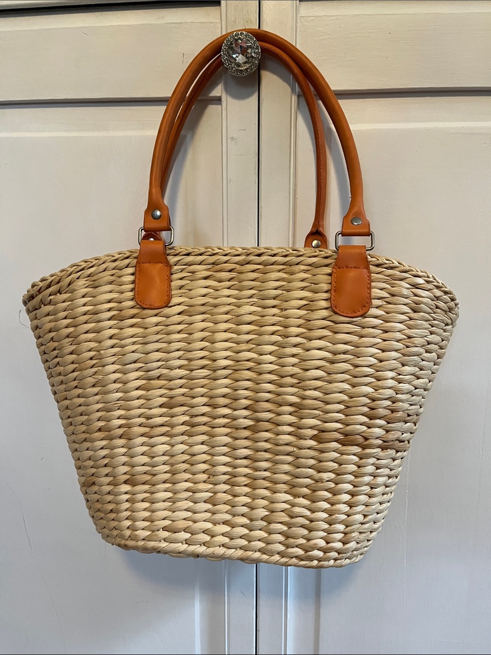 Borghese Straw Woven Tote Bag with orange interior and Handles